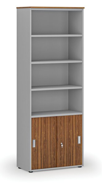 Kombinovaná kancelářská skříň PRIMO GRAY, zasouvací dveře na 2 patra, 800 x 420 x 2128 mm, šedá/ořech