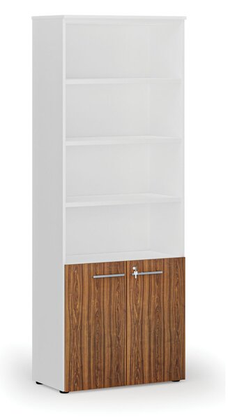 Kombinovaná kancelářská skříň PRIMO WHITE, dveře na 2 patra, 800 x 420 x 2128 mm, bílá/ořech