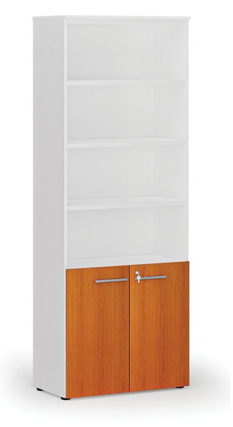 Kombinovaná kancelářská skříň PRIMO WHITE, dveře na 2 patra, 800 x 420 x 2128 mm, bílá/třešeň