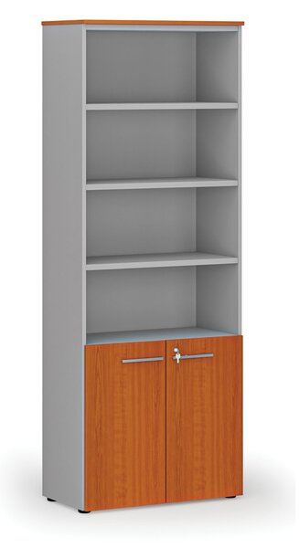 Kombinovaná kancelářská skříň PRIMO GRAY, dveře na 2 patra, 800 x 420 x 2128 mm, šedá/třešeň