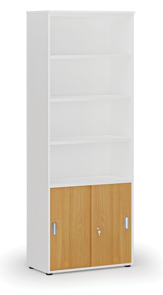 Kombinovaná kancelářská skříň PRIMO WHITE, zasouvací dveře na 2 patra, 800 x 420 x 2128 mm, bílá/buk