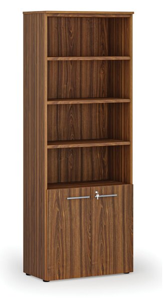 Kombinovaná kancelářská skříň PRIMO WOOD, dveře na 2 patra, 800 x 420 x 2128 mm, ořech