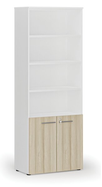 Kombinovaná kancelářská skříň PRIMO WHITE, dveře na 2 patra, 800 x 420 x 2128 mm, bílá/dub přírodní