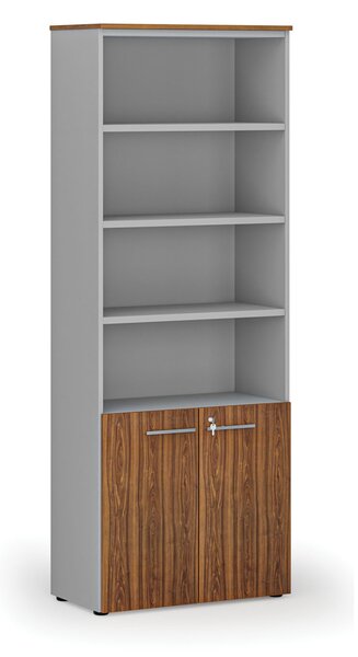 Kombinovaná kancelářská skříň PRIMO GRAY, dveře na 2 patra, 800 x 420 x 2128 mm, šedá/ořech