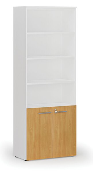 Kombinovaná kancelářská skříň PRIMO WHITE, dveře na 2 patra, 800 x 420 x 2128 mm, bílá/buk