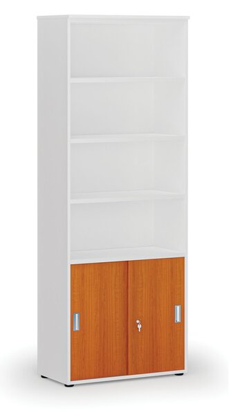 Kombinovaná kancelářská skříň PRIMO WHITE, zasouvací dveře na 2 patra, 800 x 420 x 2128 mm, bílá/třešeň