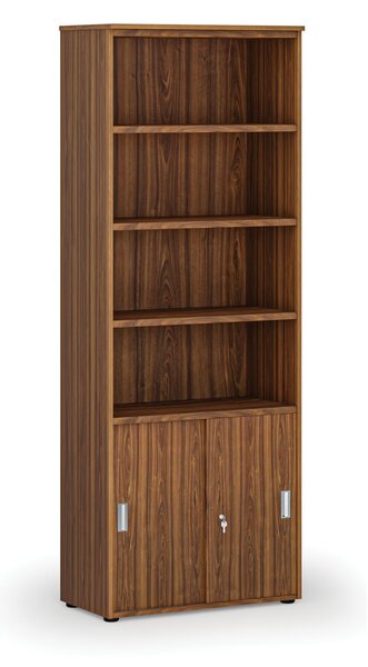Kombinovaná kancelářská skříň PRIMO WOOD, zasouvací dveře na 2 patra, 800 x 420 x 2128 mm, ořech
