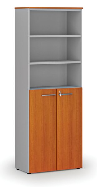 Kombinovaná kancelářská skříň PRIMO GRAY, dveře na 3 patra, 800 x 420 x 2128 mm, šedá/třešeň