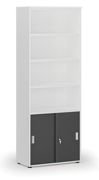 Kombinovaná kancelářská skříň PRIMO WHITE, zasouvací dveře na 2 patra, 800 x 420 x 2128 mm, bílá/grafit
