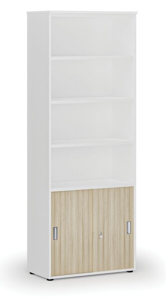 Kombinovaná kancelářská skříň PRIMO WHITE, zasouvací dveře na 2 patra, 800 x 420 x 2128 mm, bílá/dub přírodní