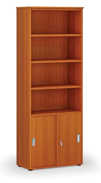 Kombinovaná kancelářská skříň PRIMO WOOD, zasouvací dveře na 2 patra, 800 x 420 x 2128 mm, třešeň