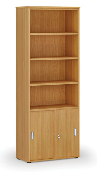 Kombinovaná kancelářská skříň PRIMO WOOD, zasouvací dveře na 2 patra, 800 x 420 x 2128 mm, buk