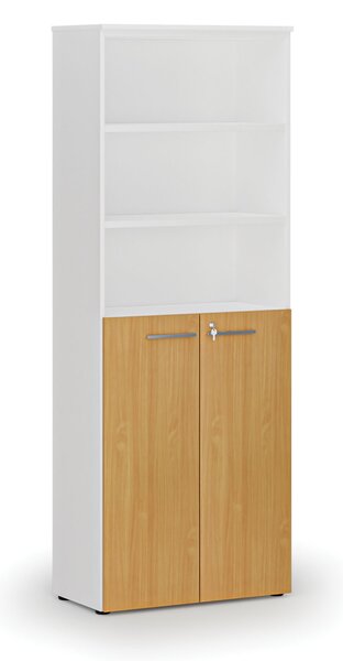 Kombinovaná kancelářská skříň PRIMO WHITE, dveře na 3 patra, 800 x 420 x 2128 mm, bílá/buk