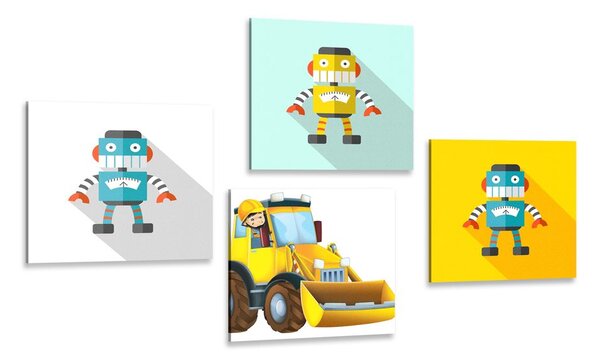 Set obrazů roboti se žlutým autem