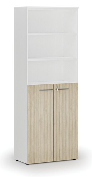 Kombinovaná kancelářská skříň PRIMO WHITE, dveře na 3 patra, 800 x 420 x 2128 mm, bílá/dub přírodní