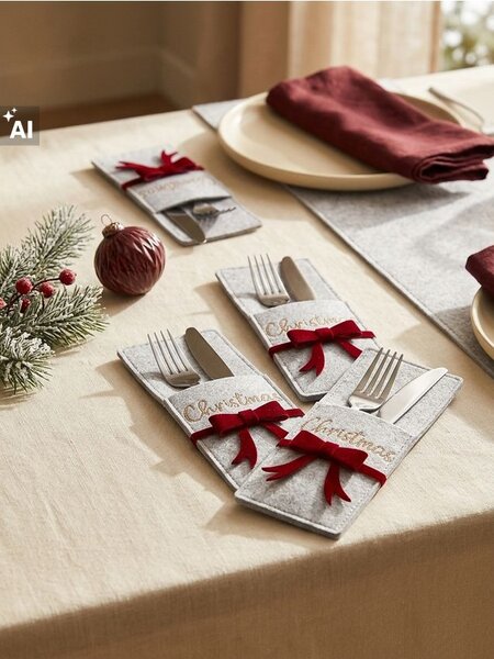 Sinsay - Vánoční pouzdro na příbory s mašlí a nápisem Christmas - béžová