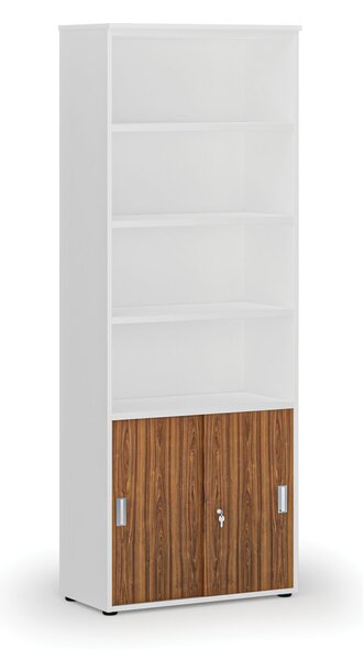 Kombinovaná kancelářská skříň PRIMO WHITE, zasouvací dveře na 2 patra, 800 x 420 x 2128 mm, bílá/ořech