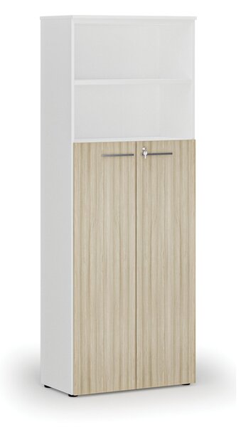 Kombinovaná kancelářská skříň PRIMO WHITE, dveře na 4 patra, 800 x 420 x 2128 mm, bílá/dub přírodní