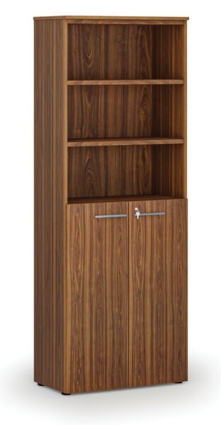 Kombinovaná kancelářská skříň PRIMO WOOD, dveře na 3 patra, 800 x 420 x 2128 mm, ořech