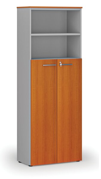 Kombinovaná kancelářská skříň PRIMO GRAY, dveře na 4 patra, 800 x 420 x 2128 mm, šedá/třešeň