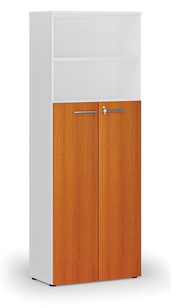 Kombinovaná kancelářská skříň PRIMO WHITE, dveře na 4 patra, 800 x 420 x 2128 mm, bílá/třešeň