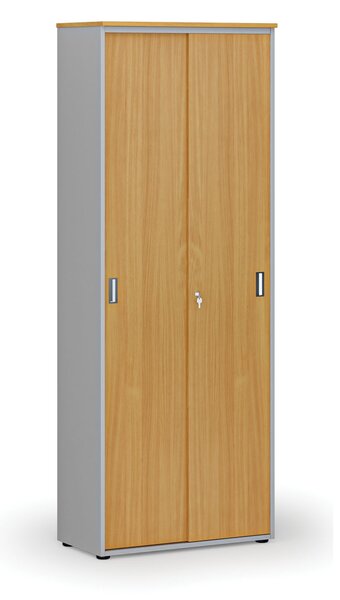 Kancelářská skříň se zasouvacími dveřmi PRIMO GRAY, 800 x 420 x 2128 mm, šedá/buk