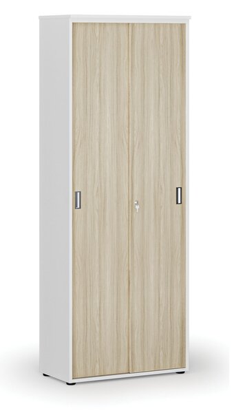 Kancelářská skříň se zasouvacími dveřmi PRIMO WHITE, 800 x 420 x 2128 mm, bílá/dub přírodní