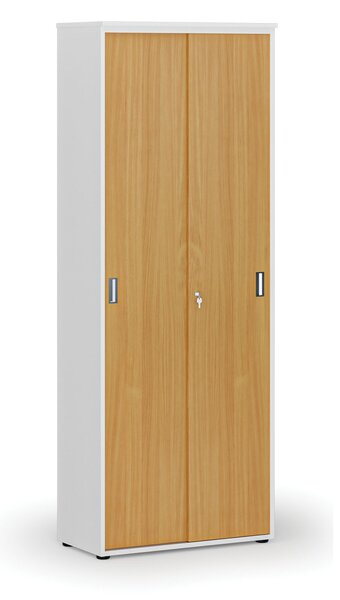 Kancelářská skříň se zasouvacími dveřmi PRIMO WHITE, 800 x 420 x 2128 mm, bílá/buk