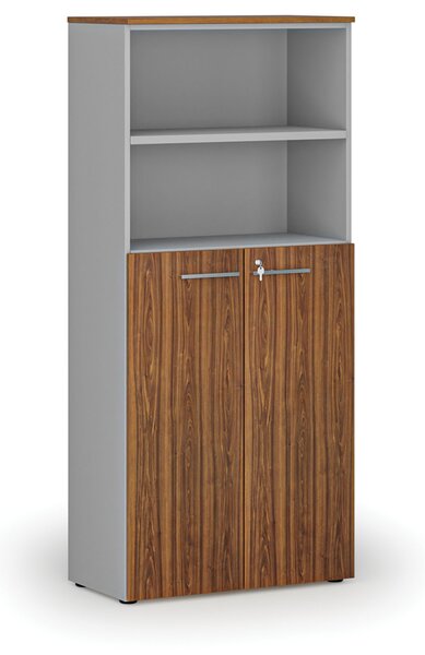 Kombinovaná kancelářská skříň PRIMO GRAY, dveře na 3 patra, 800 x 420 x 1781 mm, šedá/ořech