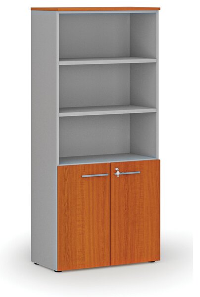Kombinovaná kancelářská skříň PRIMO GRAY, dveře na 2 patra, 800 x 420 x 1781 mm, šedá/třešeň