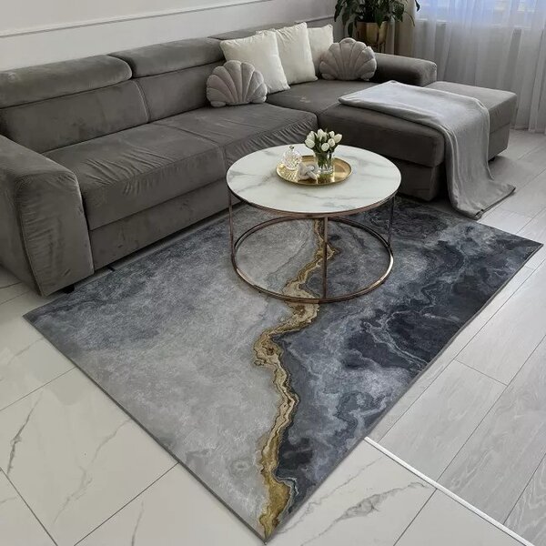 Makro Abra Kusový koberec pratelný TOSCANA 38660 Abstraktní pogumovaný šedý krémový zlatý Rozměr: 80x150 cm