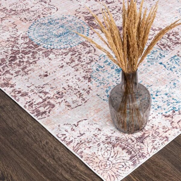 Makro Abra Kusový koberec pratelný TOSCANA 43850 Moderní pogumovaný krémový hnědý modrý Rozměr: 80x150 cm