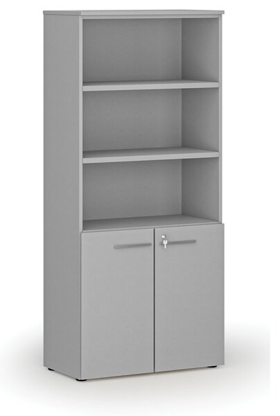 Kombinovaná kancelářská skříň PRIMO GRAY, dveře na 2 patra, 800 x 420 x 1781 mm, šedá