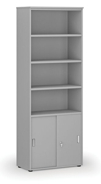 Kombinovaná kancelářská skříň PRIMO GRAY, zasouvací dveře na 2 patra, 800 x 420 x 2128 mm, šedá
