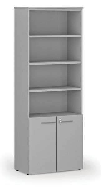 Kombinovaná kancelářská skříň PRIMO GRAY, dveře na 2 patra, 800 x 420 x 2128 mm, šedá