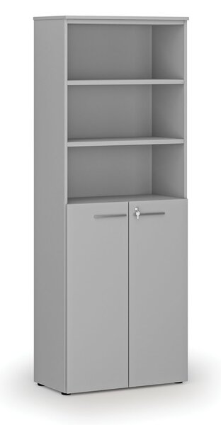 Kombinovaná kancelářská skříň PRIMO GRAY, dveře na 3 patra, 800 x 420 x 2128 mm, šedá