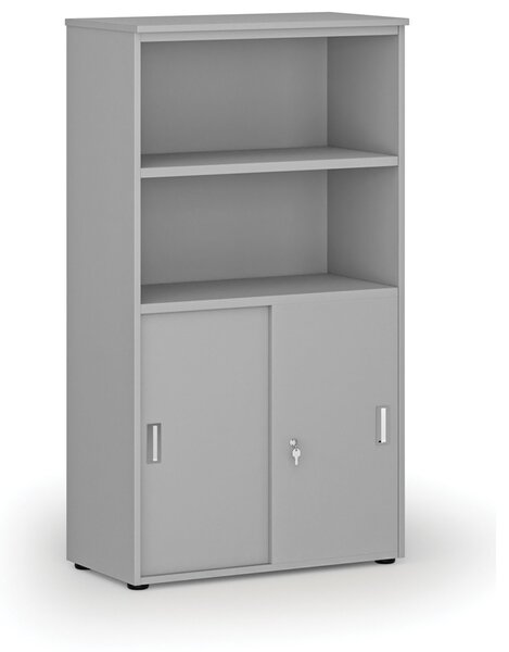 Kombinovaná kancelářská skříň PRIMO GRAY, zasouvací dveře na 2 patra, 800 x 420 x 1434 mm, šedá