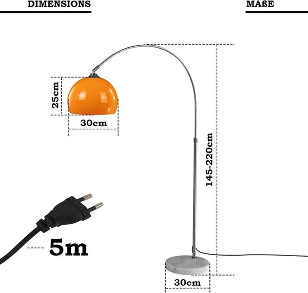 Jago Stojací oblouková lampa, oranžová, 145 - 220 cm