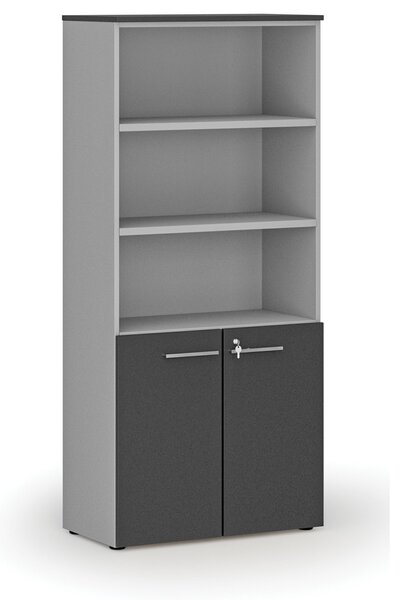 Kombinovaná kancelářská skříň PRIMO GRAY, dveře na 2 patra, 800 x 420 x 1781 mm, šedá/grafit