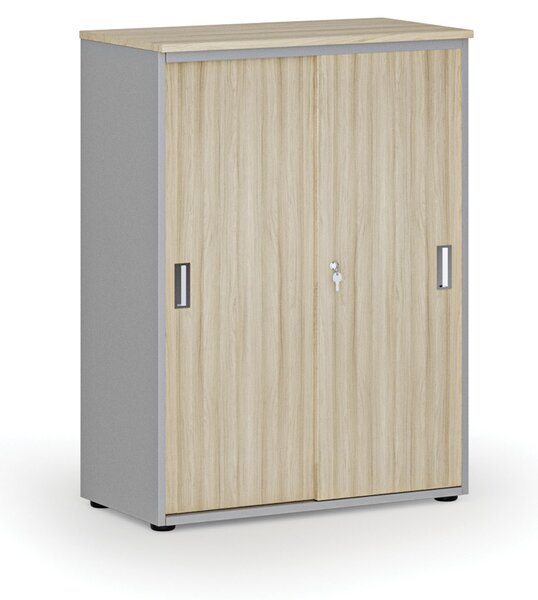 Kancelářská skříň se zasouvacími dveřmi PRIMO GRAY, 800 x 420 x 1087 mm, šedá/dub přírodní
