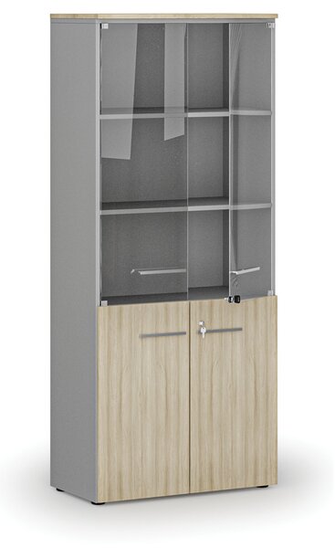 Kombinovaná kancelářská skříň s dřevěnými a skleněnými dveřmi PRIMO GRAY, 800 x 420 x 1781 mm, šedá/dub přírodní