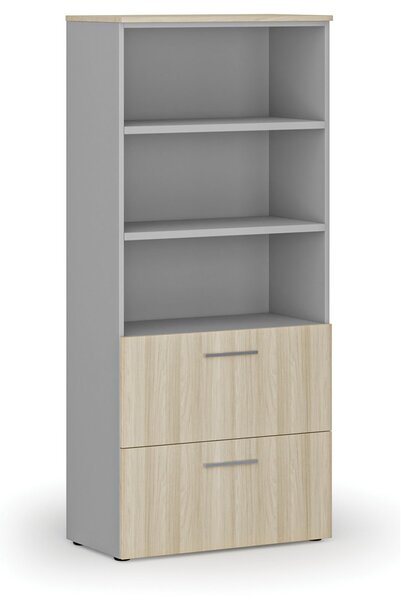 Skříň se zásuvkami pro závěsné složky PRIMO GRAY, 800 x 420 x 1781 mm, šedá/dub přírodní