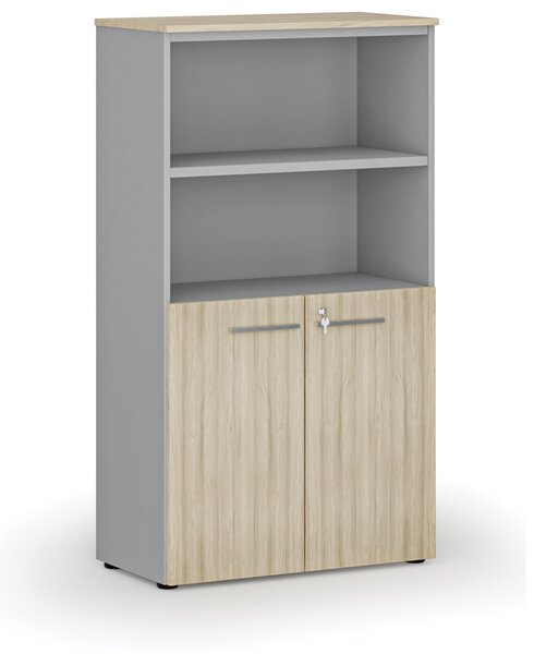 Kombinovaná kancelářská skříň PRIMO GRAY, dveře na 2 patra, 800 x 420 x 1434 mm, šedá/dub přírodní
