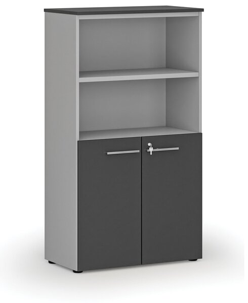 Kombinovaná kancelářská skříň PRIMO GRAY, dveře na 2 patra, 800 x 420 x 1434 mm, šedá/grafit