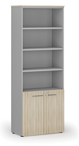 Kombinovaná kancelářská skříň PRIMO GRAY, dveře na 2 patra, 800 x 420 x 2128 mm, šedá/dub přírodní