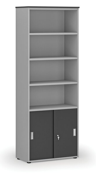 Kombinovaná kancelářská skříň PRIMO GRAY, zasouvací dveře na 2 patra, 800 x 420 x 2128 mm, šedá/grafit