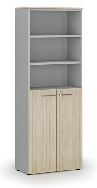 Kombinovaná kancelářská skříň PRIMO GRAY, dveře na 3 patra, 800 x 420 x 2128 mm, šedá/dub přírodní