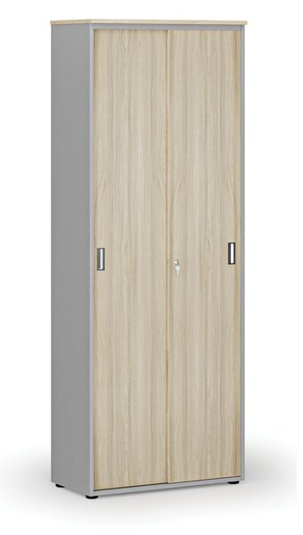 Kancelářská skříň se zasouvacími dveřmi, 800 x 420 x 2128 mm, šedá/dub přírodní