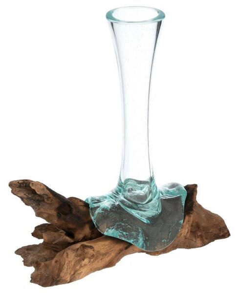 Foukaná skleněná váza na teakovém dřevě, 25 cm