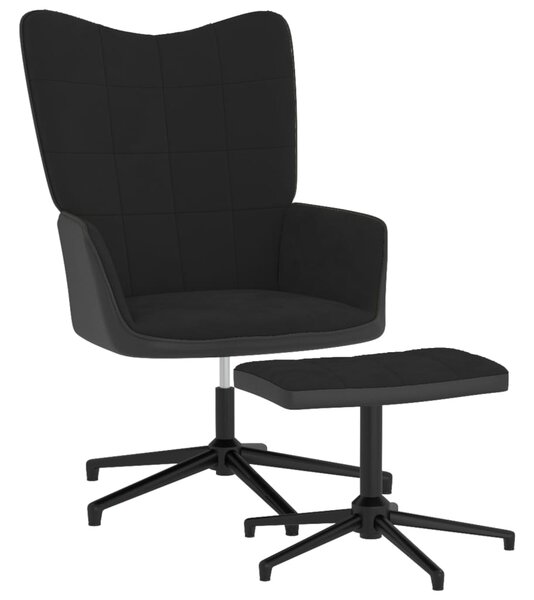 Relaxační křeslo se stoličkou černé samet a PVC